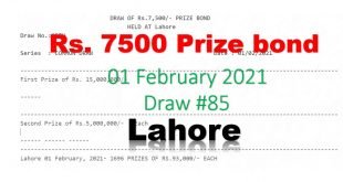 Check Draw 85 Rs. 7500 Prize Bond List Lahore 01 February 2021