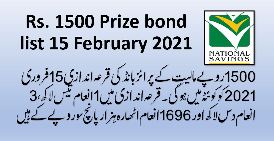 Rs. 1500 Prize bond list 15 February 2021 Draw 85 Quetta Result Check