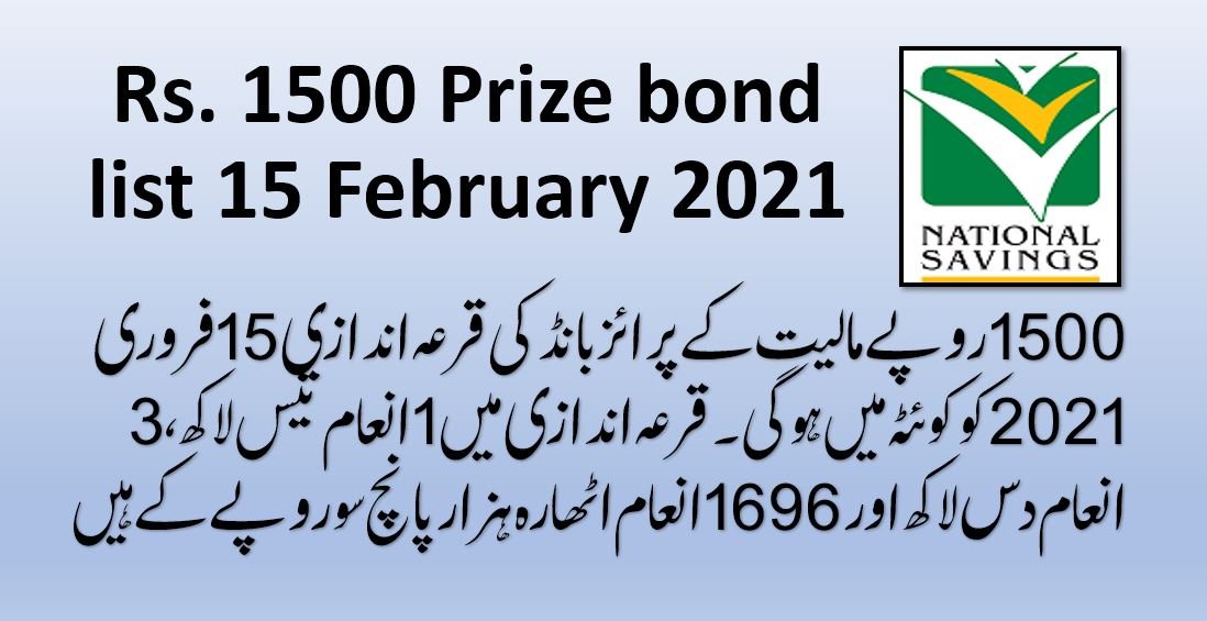 Rs. 1500 Prize Bond Draw Result List (15 February 2021, Quetta)